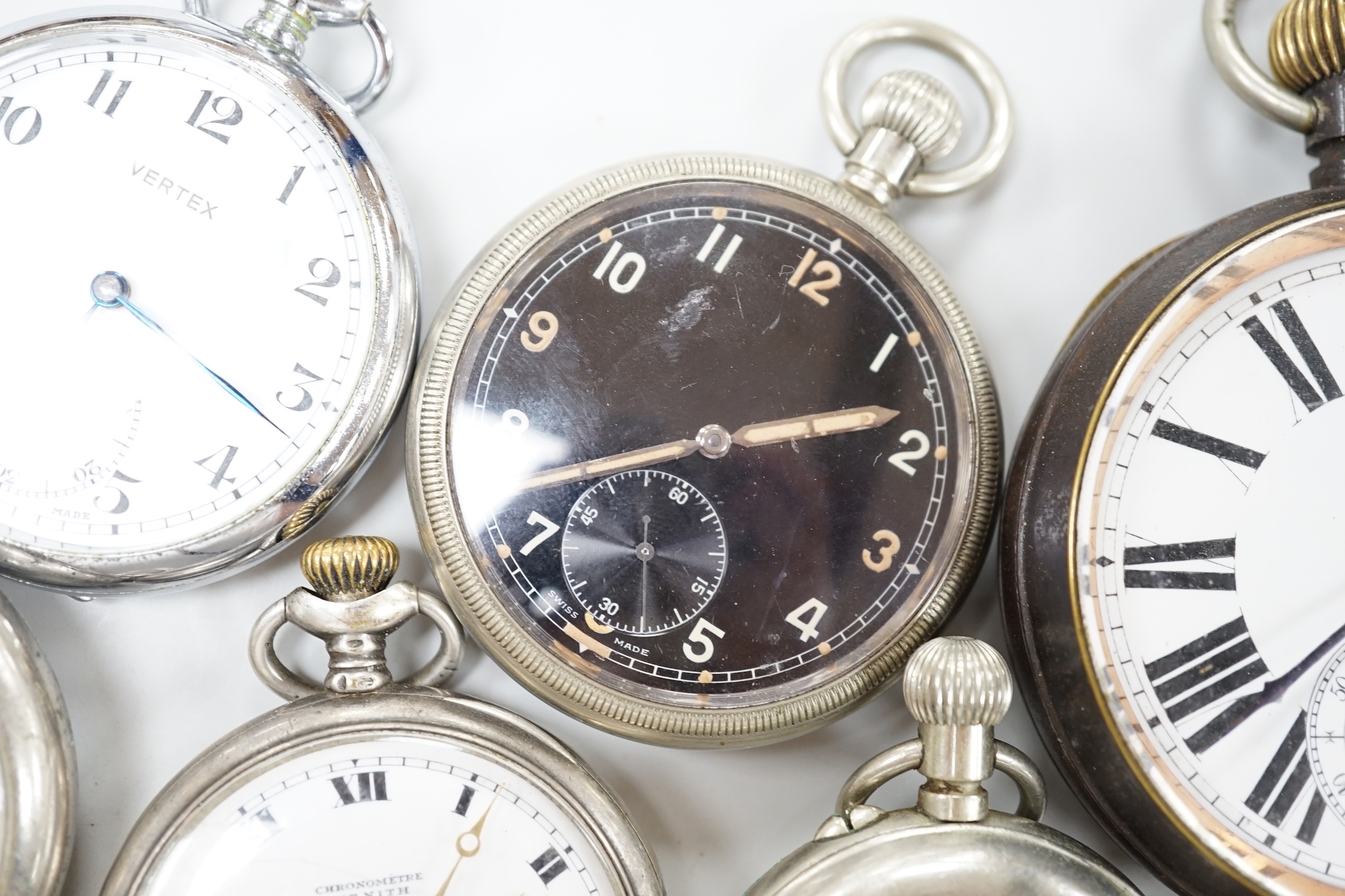 Eight assorted silver or base metal pocket watches including Goliath, Doxa and military black dial.